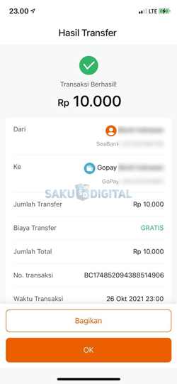 Top Up Gopay Lewat SeaBank Berhasil