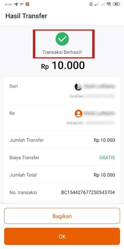 Transfer SeaBank ke Bank Lain Berhasil